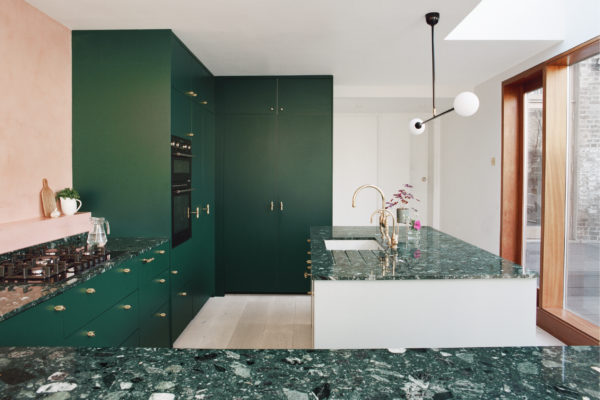 Green conglomerate marble kitchen